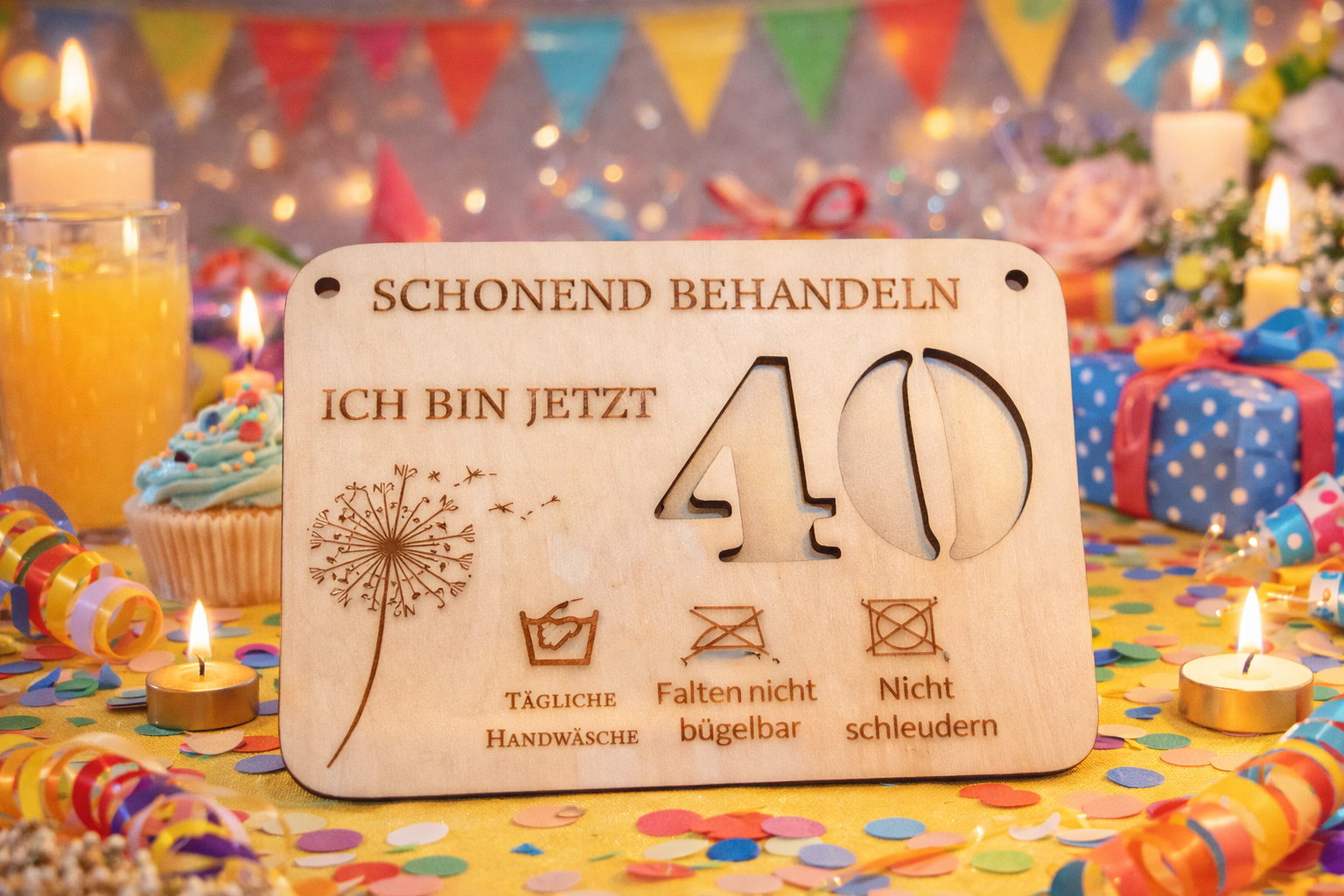 Holzgeschenkkarte „Schonend behandeln – Ich bin jetzt 40“