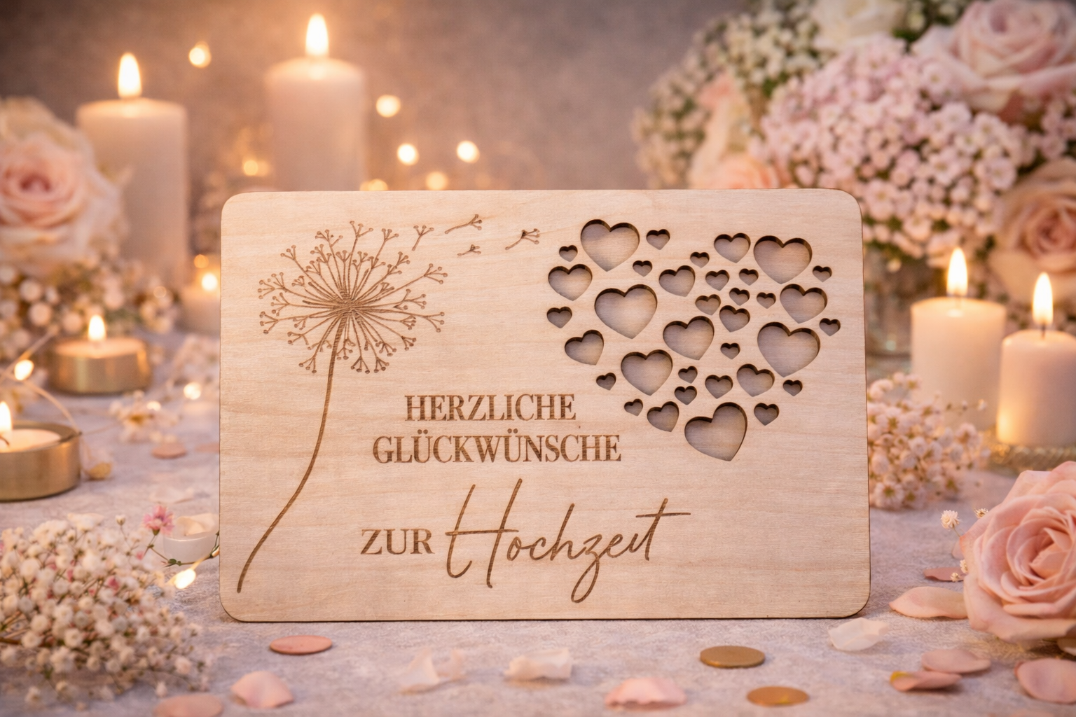 Holzgeschenkkarte „Herzliche Glückwünsche zur Hochzeit“