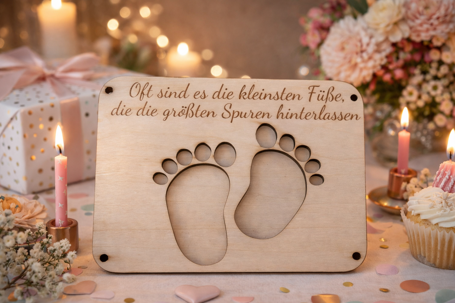 Holzkarte „Kleinste Füße – Größte Spuren“